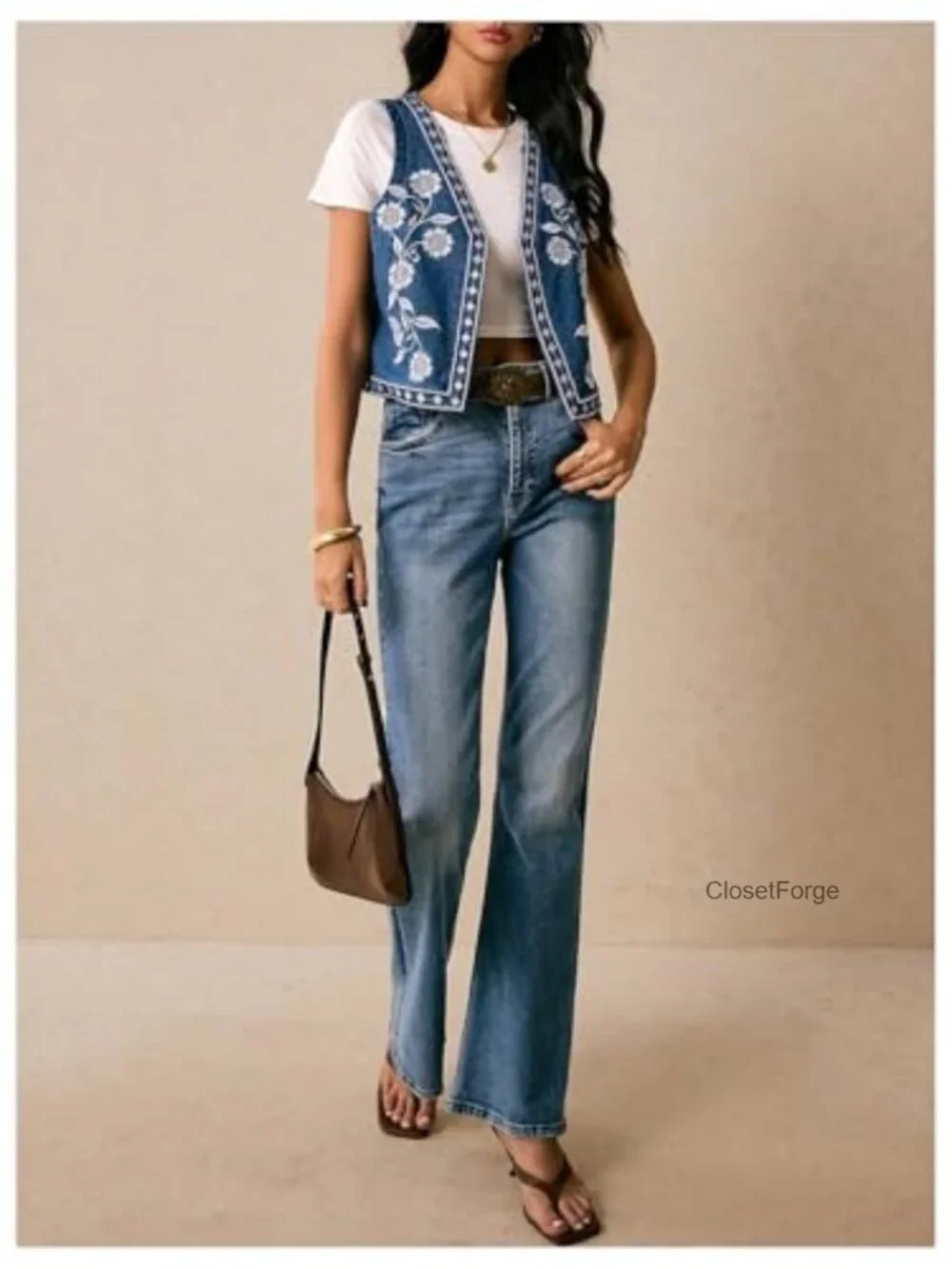 Embroidered Floral Denim Vest Sleeveless Cropped Boho Jacket